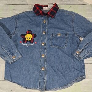 Vintage 1997 Warner Bros. Looney Tunes Plaid Collar Denim Shirt Tweety Size 8